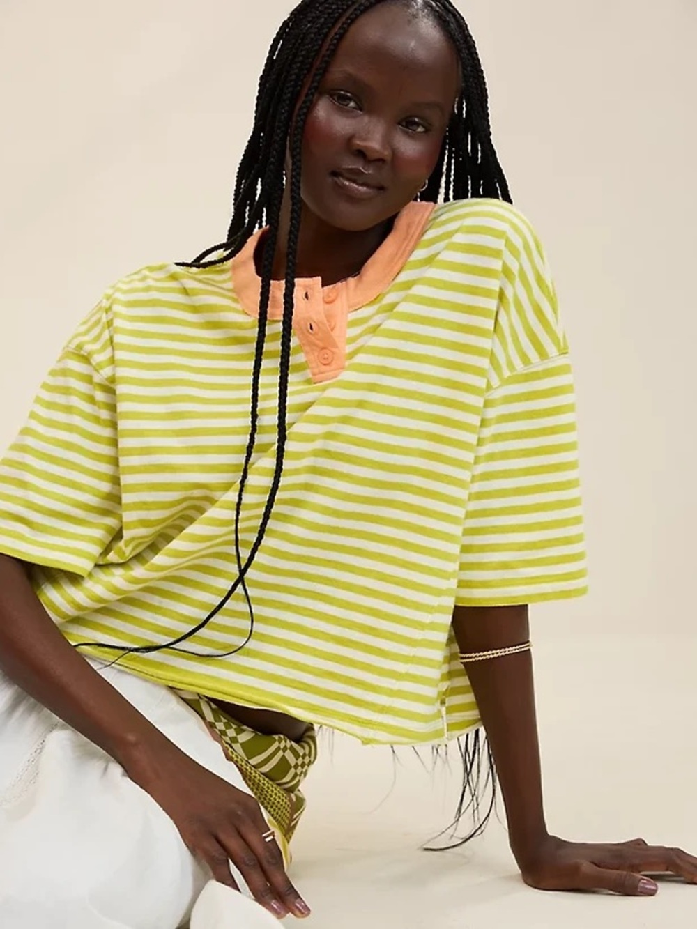Aerie Remix Henley Cropped Green Striped T Shirt
